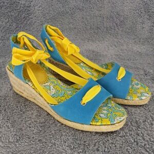 Lands End‎ Espadrille Wedge Sandals Blue Yellow Ribbon Ankle Tie Women's Shoes